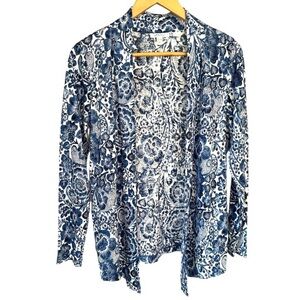 Chico's knit cardigan Blue and White Floral lightweight 100% linen open front